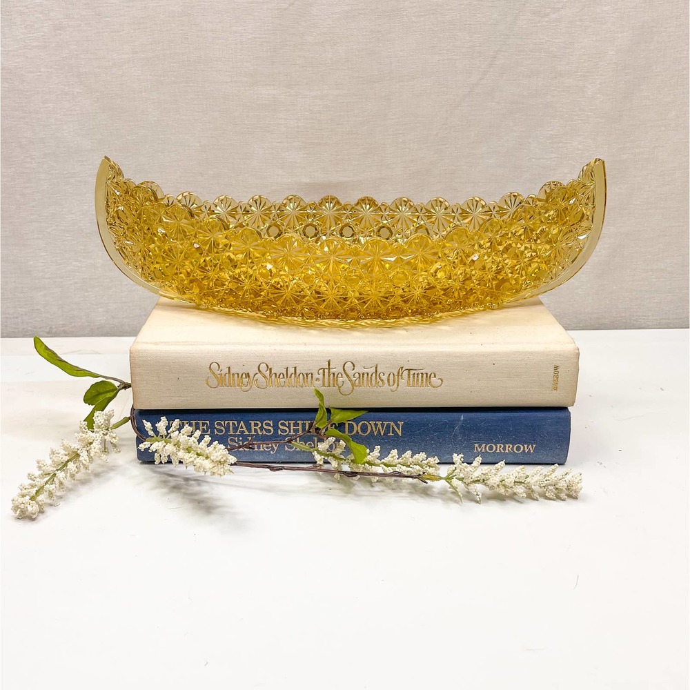1940s LE Smith Glass Daisy & Button Light Amber 11.5” Celery Relish Canoe Boat